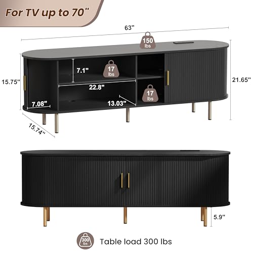 DHH 63 Inch Mid Century Modern TV Stand with Power Outlet for TVs up to 70 Inch, Entertainment Center with Storage and Adjustable Shelves, Media Console with Sliding Doors for Living Room(Black) - color: Black, size: 63 Inch