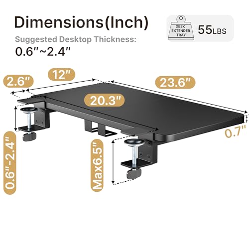 PEGZONE Desk Extender Tray, 24" x 12" Clamp On Desk Shelf, Desk Extension with Laptop Holder, Table Desk Arm Rest, Clamp On Keyboard Tray for Office and Home, Workstation Organizer, Medium, Black - size: 24 x 12 inch, style: Black with laptop shelf