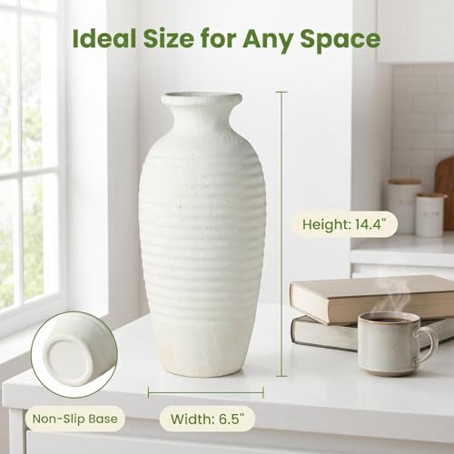 Ceramic Farmhouse Vase, 14.4 Inch Large Handmade Rustic Flower Vase, Waterproof Tall Vase for Pampas Grass & Home Decor, Ideal for Living Room, Shelf, Wedding & Housewarming Gift in Off-White