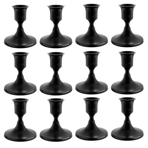 zeochyni 12PCS Black Taper Candle Holders Bulk, Vintage Candlestick Holders Bulk for Dinner Room Table Centerpiece or Mantel Wedding Party Decor - color: Black, size: Set of 12