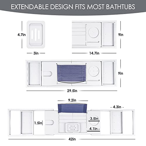 Foldable Bathtub Caddy Tray, Bamboo Bath Tub Tray Table for Tub with Wine Glass Holder Book Phone Tablet Holder with Extending Sides, Adjustable Bathroom Bathtub Free Soap Holder Gift Idea (White) - color: White