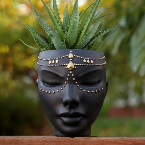 Head Planter - Indoor & Outdoor Home Decor Gifts for Plant Lovers - for Flat Surface or Wall Mount - Unique Face Planter for Flowers, Succulents, & More (7 inch, Serena Design, Black) - color: Serena Black