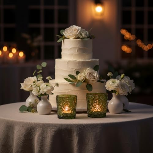 6 Pack Patented Sun Moon Star Embossed Glass Tea Light Candle Holders - Unique Votive Candle Holders for Wedding, Party, and Table Centerpieces (Moss Green) - color: Moss Green