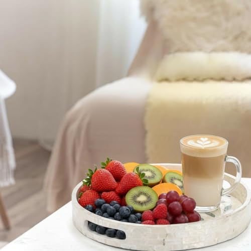 Mother of Pearl Decorative Serving Tray, 12 Inch Round Decorative Table Tray, Wood Coffee Table Ottoman Tray with Handles for Home Decor, Centerpiece Display,Tea, Breakfast