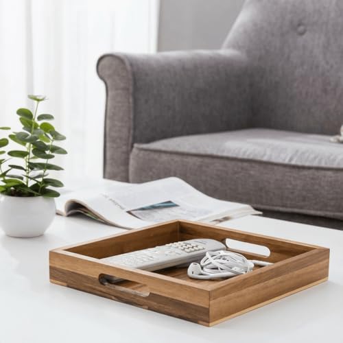 YOUEON Set of 2 Acacia Wood Serving Tray with Handles, 10x10x2 Inch Decorative Serving Trays for Food, Ottoman Tray, Square Coffee Table Trays for Dinner, Coffee, Wine, Appetizer