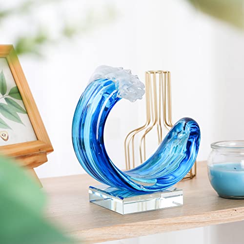 Yao Yuan Hand-Blown Glass Wave Decor Murano-Style Glass Statue and Figurine - color: Blue White