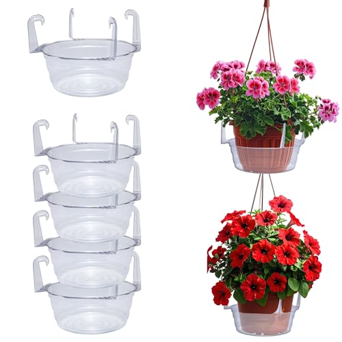 Curtis Wagner Plastics Hanging Basket Drip Pans (5-Pack) | Clear, Round (Diameter = 7.37" Base, 10" Top, 3.7" Depth) Hanging Plant Tray Saucer with Built-in Hooks & Water Catcher for Indoor & Outdoor - color: Hanging, size: 7.37"