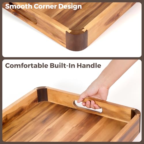 17 x 13 Inch Acacia Wood Serving Tray with Handles, Decorative Wooden Tray Featuring Dark Walnut-Tone Curved Corner Accents for Coffee Table, Ottoman & Kitchen Counter... - color: Tray 17"x13"x2.5"