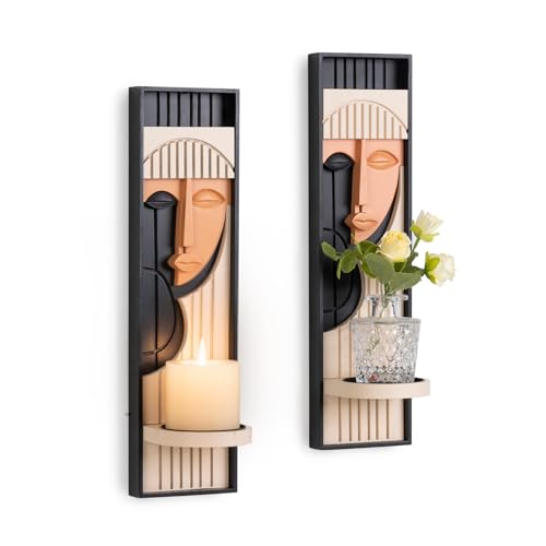 Modern Art Wall Candle Holder, Abstract Face Candle Sconce Set of 2, Wall Decor, 16.5 x 4.33 Inch (Boho) - color: Black,pink