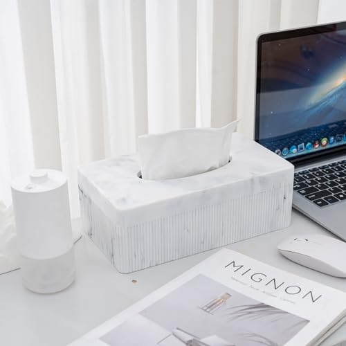 Marble Tissue Box Cover, Rectangular Napkin Facial Tissues Holder for Home Office, Hand Poured Marble Tissue Box Holder, 10 x 5.7 x 3.7 inches, White - color: B-white