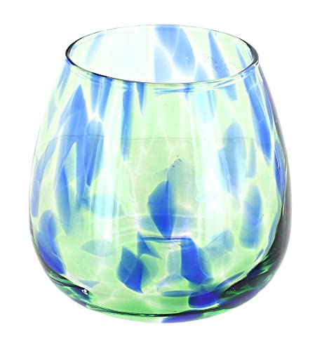 Blue Rose Polish Pottery - Blue Cobalt and Green Confetti Hurricane Vase & Candle Holder - 4.5" Tall - Hand-Blown Polish Glass Vase, Decorative Candle Lantern & Table Centerpiece