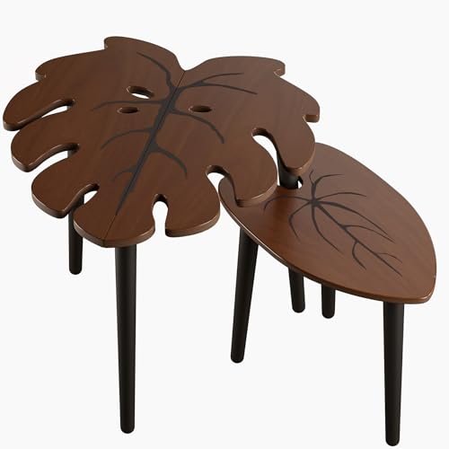 BAMEOS Monstera Leaf Nesting Tables Set of 2, Small Side Tables f Set with Leaf Vein Pattern, Modern Wooden CoffeeTables for Living Room Bedroom Apartment Balcony Yard - color: Monstera