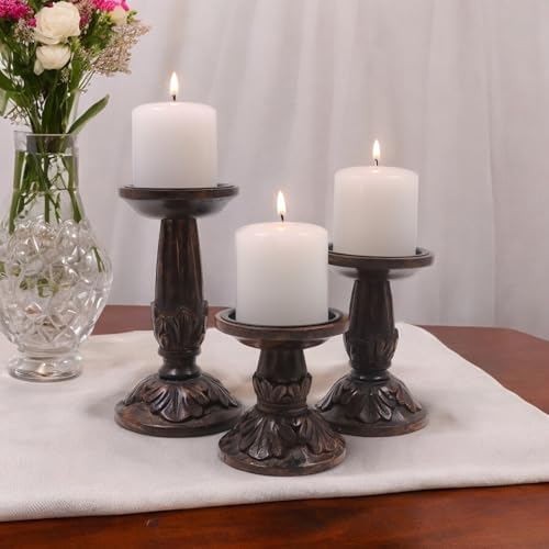 Hosley Set of 3 Dark Brown Wood Pillar Candle Holders 8 Inches 6 Inches and 4.25 Inches High Ideal for LED and Pillar Candles Gifts for Weddings Party Home Spa Reiki Aromatherapy - color: Dark Brown 2
