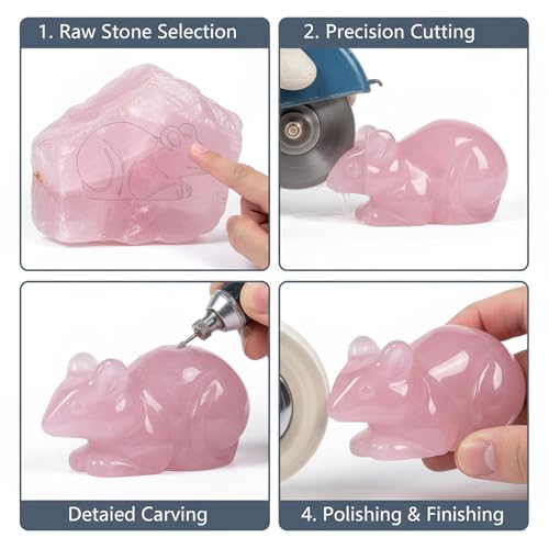 Artistone 2" Rose Quartz Mouse Figurine,Handmade Carved Rat Mice Crystal Statue Pink Gemstone Animal Sculpture Healing Stone for Feng Shui Home Office Garden Decoration