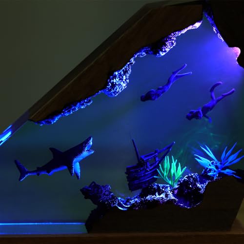 Ocean Creative Epoxy Resin Wood Light Lamp, Handmade Multi Color Aquatic Ocean Lamp Deep Sea Diver Cave Diving Enthusiasts Led Night Light Desktop Decor Christmas Birthday Gift (White Shark, S) - color: White Shark