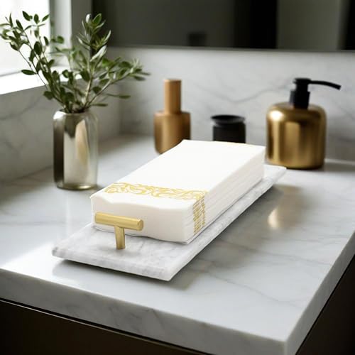 Napkin Holder - Guest Towel Holder for Bathroom - Marble Paper Towel Holder - Hand Towel Tray with Gold T-Handle(11.8x4.7x1.7 Inchs) - color: White