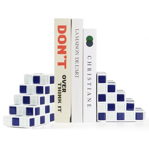 Decorative Bookends for Shelves - Stair Book Ends for Heavy Books - Unique Book Stopper & Holder for Shelves - Modern Home Decor Aesthetic Bookshelf Decor (Blue & White) - color: Blue & White