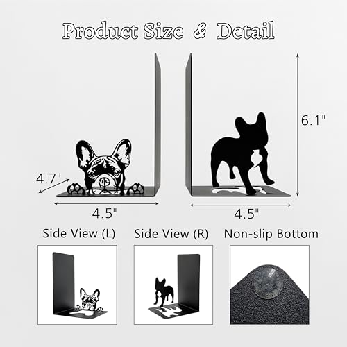 French Bulldog Theme Bookends Decor – Dog Gifts with Black Modern Bookends, Decorative Bookends for Shelves – Unique Book Stopper for Shelves (French Bulldog) - color: French Bulldog