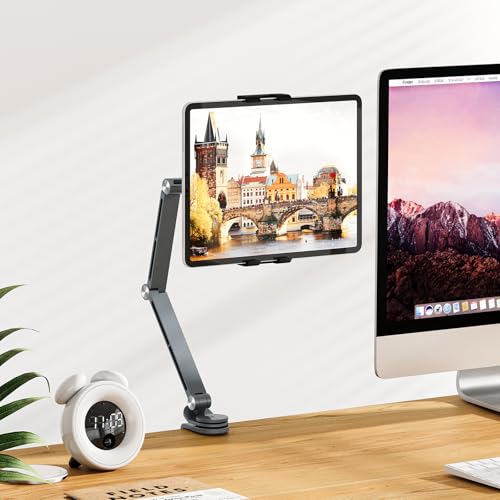 Houele Tablet Stand Holder, Adjustable Foldable Tablet Arm iPad Desk Mount with 360°Rotate Base, Phone Holder iPad Stand for Desk and Bed, Compatible with Tablets, Phones or Other 4-15.6" Device - color: Grey