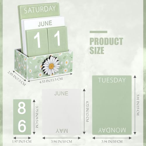AceOrbit Green Daisy Flower Wood Block Perpetual Calendar Coquettish Desk Decor Cute Month Week Date Display Decorative Block Calendar for Women Office Home Desk Gift for Women - style: Green Daisy