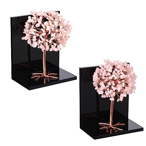 mookaitedecor Natural Rose Quartz Crystal Money Tree Stones Bookends, Decorative Acrylic Stone Tree Book Ends for Shelves Desktop Organizer Home Office,5.7-6.3inch (1 Pair) - color: Pink, size: 5.7-6.3 Inch