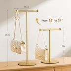 niffgaff 2 Pack 15‘’-24‘’ T Bar Purse Display Stand Tabletop: Adjustable Height Handbag Holder, Countertop Hanging Rack for Long Necklace Scarf Lanyard, Gold - color: Gold
