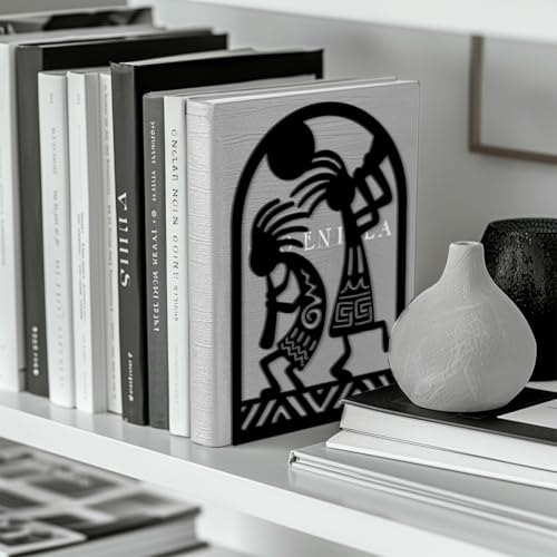 Peacoblue Metal Bookends for Shelves, Modern Decorative Heavy Duty Study Book Ends Stoppers for Office, Desk, Shelf, Room 5.3"x4.3"x7.9" Cast Iron Tall Bookends 1 Pair (Kokopelli Tribal-Flute Player) - style: Kokopelli Tribal-Flute Player