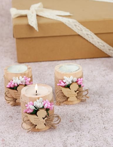 10 Pcs Handmade Wooden Tea Candle Holders, Baptism Gift,Christening Gift, Gender Reveal Guest Favors with Personalized Tags, Adult Baptism.(Light-Pink) - color: Pink