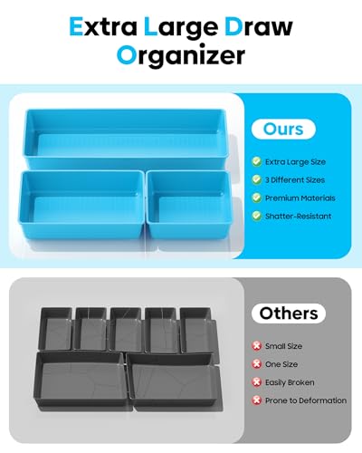 10 Pack Large Size Plastic Drawer Organizers Set, 3 Sizes Desk Drawer Organizer Trays, Storage Bins for Vanity, Makeup, Bathroom, Kitchen Utensils and Office (Blue) - color: Blue