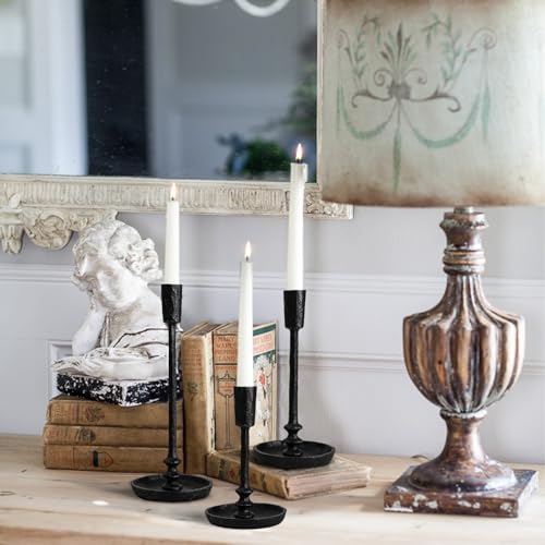 Rustic Cast Iron Taper Candle Holder - Set of 3 Vintage Candle Stands, Candlestick Holders for Wedding, Dining, Party Décor (Black) - color: Black