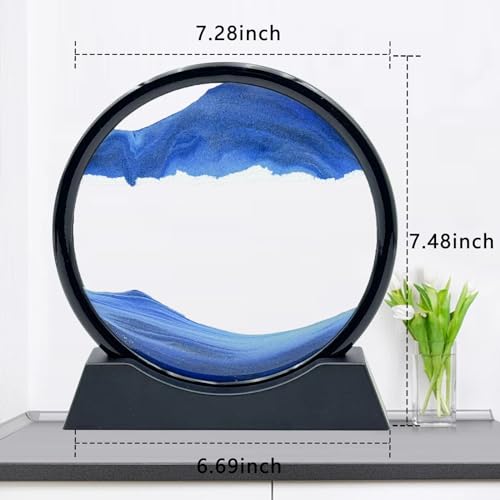 Moving Sand Art Liquid Motion, 3D Deep Sea Sandscape Color Quicksand Decor, Round Glass Moving Sand Art Picture Relaxing Desktop Home Office Work Decor (7 inch-Blue) - color: Blue, size: 7 inch