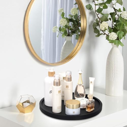 Black Wooden Bathroom Vanity Counter Tray Decor Round Perfume Dresser Trays Kitchen Sink Soap Dish Dispenser Holder Large Wood Lazy Susan Turntable for Table Rotating Bathroom Organizer Accessories - size: 12"