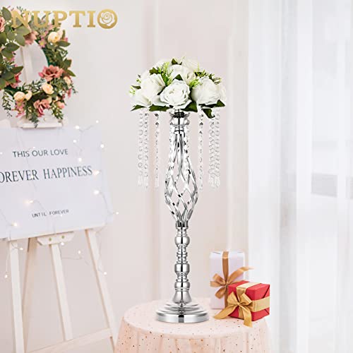 Nuptio 10 Pcs Silver Wedding Centerpieces Flower Stand, 21.7in/55cm Height Wedding Road Lead Flower Vases, Crystal Artificial Flower Arrangements for Wedding Party Birthday Event Reception Home Decor - color: Silver, size: Large - 10 Pcs