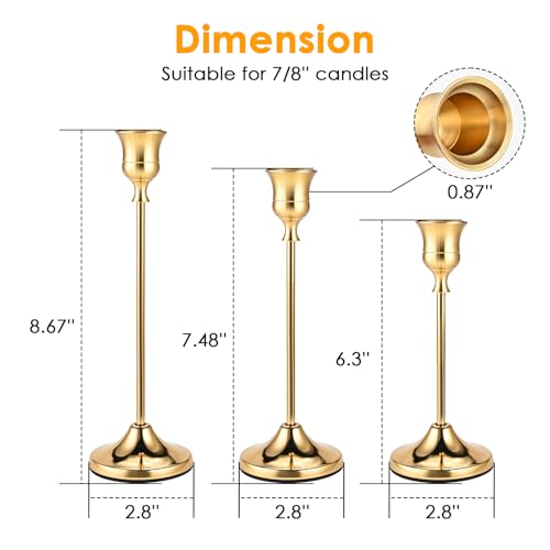 Brass Gold Candle Holders Set of 12, Metal Taper Candlestick Holders in 3 Heights - Vintage Candle Stick Holder Brass Decor - Candle Holder Centerpieces for Wedding Table Home Christmas Decoration