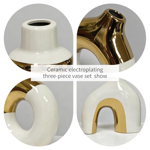 Modern Ceramic Decorative Vase Set of 3 – Minimalist Sculptural Vases for Living Room, Shelf & Table Decor, Nordic Donut Vase Set for Contemporary Home Decor (White and Gold) - color: White and Gold