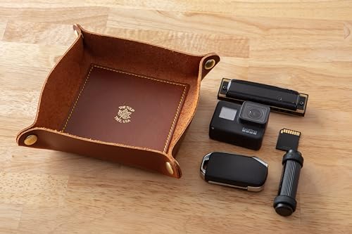 USA Handmade Premium Leather Valet Tray, Folds Flat! Dice Rolling Basket and Organizer with Brass Snaps (Chestnut Gold, Medium) - color: Chestnut Gold, size: 5" x 5" x 2"