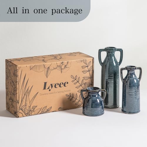 Ceramic Vase Set of 3 - Rustic Vases Set for Flower Centerpieces Pampas Grass - 3 Blue Bud Vase for Decor - Modern Decoration Terracotta Vases for Home Farmhouse Table Office, Mini Pottery Vase - color: 105-blue