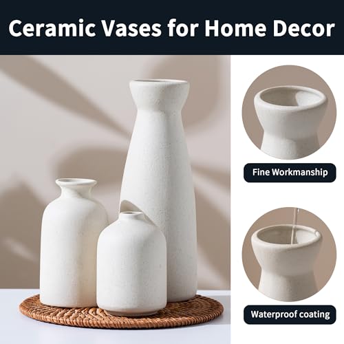 Ceramic Small Vase Set of 3,Modern Boho Farmhouse Home Decor,Pampas Grass Vase,Minimalist Decor,for Entryway Table,Bookshelf,Living Room, Bedroom,Kitchen,Coffee Table Decoration (White) - color: Beige Set 3