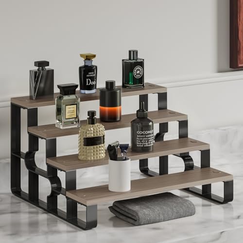 4 Tier Cologne Organizer for Men, Wooden Perfume Organizer Stand, Waterproof Display Shelf Rack for Dresser, Vanity, Figures, Cupcake, Dessert Table(Walnut,Width=11.2") - color: Walnut, size: 4 Tiers-width=11.2"