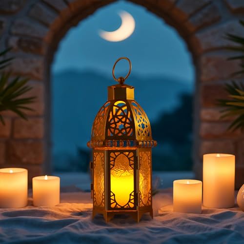 Moroccan Lanterns Decorative Indoor & Outdoor, 12.8’’ Medium Size Golden Metal Hanging&Tabletop Candle Holder Decor, Halloween Christmas Ramadan Decorations for Home Porch Patio (Golden) - color: Golden - 11''h, size: Large
