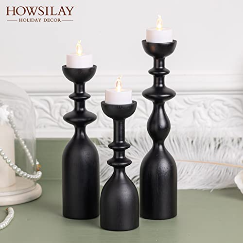 HOWSILAY Wood Candle Holders for Table Centerpiece Black Candlestick Holders - Rustic Candle Stick Candle Holder fits 3/4" or 7/8" Taper Candle and Dia 1.5" Led Tea Lights Candles or Pillar Candles - color: Black