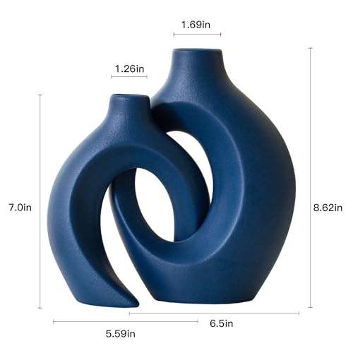 Lvases Snuggle Hollow Ceramic Vase Set of 2, Nordic Modern Boho ins Style Ceramic Aesthetic Flower Vases for Home Decor Living Room Coffee Table Decorative (Matte Navy Blue W 6.3" X H 8.4") - color: Large Navy Blue