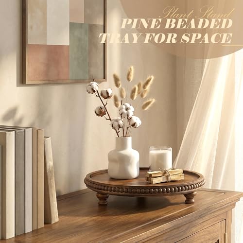 EOSAHR Beaded Round Display Riser for Room Decor – 3-Leg Wooden Pedestal Stand for Coffee Table, Cake Stand, Perfume & Vanity Organizer – Boho Home Decor for Living Room (Vintage Brown) - color: Vintage Brown