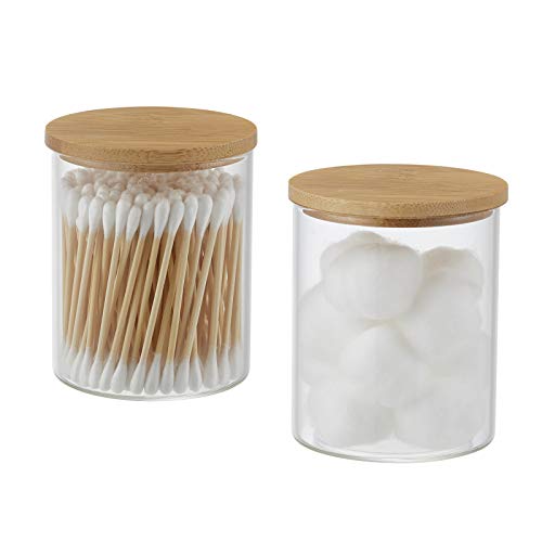 INIUNIK Glass Qtip Holder with Vanity Tray, Apothecary Jars Bathroom Accessories Bathroom Canisters Organizer Countertop Q Tip Holder for Cotton Ball Round Swab Pad Hair Ties Floss Perfume Jewelry