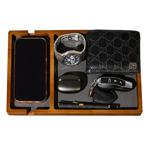 Shinpuru Wooden Valet Tray for Men, Nightstand Organizer with Leather Inlay, EDC Essentials Catchall Tray for Keys, Phone, Wallet, Watch, Earbuds - Bedside Desk Entryway Tray (Wood-Phone) - color: Brown-Ph
