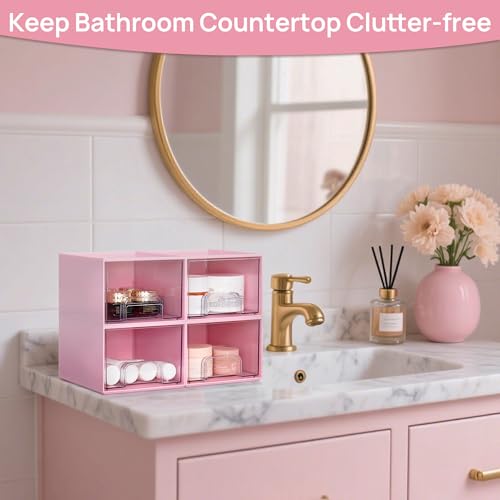 Vtopmart 4Pack Small Stackable Storage Drawers, Bathroom Makeup Organizer,Plastic Storage Bins For Vanity, Undersink, Kitchen Cabinet, Pantry, Home Organization(Pink) - style: 4pack-Pink