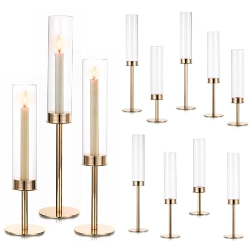 Hewory Gold Candle Holders Hurricane Candlestick Holders, 12Pcs Candle Stick Candle Holder Candelabra, Taper Candle Holders with Glass Candle Cover for Wedding Table Centerpiece Christmas Decor - color: Gold, size: 12pcs
