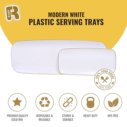 R-kay 4 Pack Gold Rim Plastic Serving Trays - 10 by 5.5 in Heavy Duty Rectangular Platters for Food and Desserts - Premium White Party Trays - color: White And Gold, size: 10 Inch