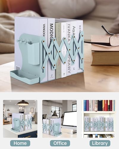 Honagu Adjustable Bookends, Metal Book Ends for Shelves Heavy Book, Bookend for Home, Office, Books, Papers, Book Stopper with Removable Hook, Pen Holder, Gifts for Students, Teachers（Green） - color: Green