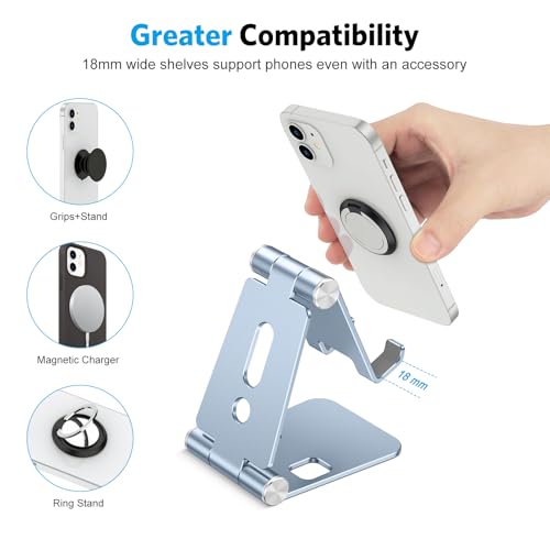 OMOTON Foldable Cell Phone Stand, C4 Portable Aluminum Phone Holder, Adjustable Phone Dock Cradle Compatible with iPhone 17/16/15 Pro Max Air, Samsung Galaxy, Small Tablets, Smart Phones, Light Blue - color: Light Blue